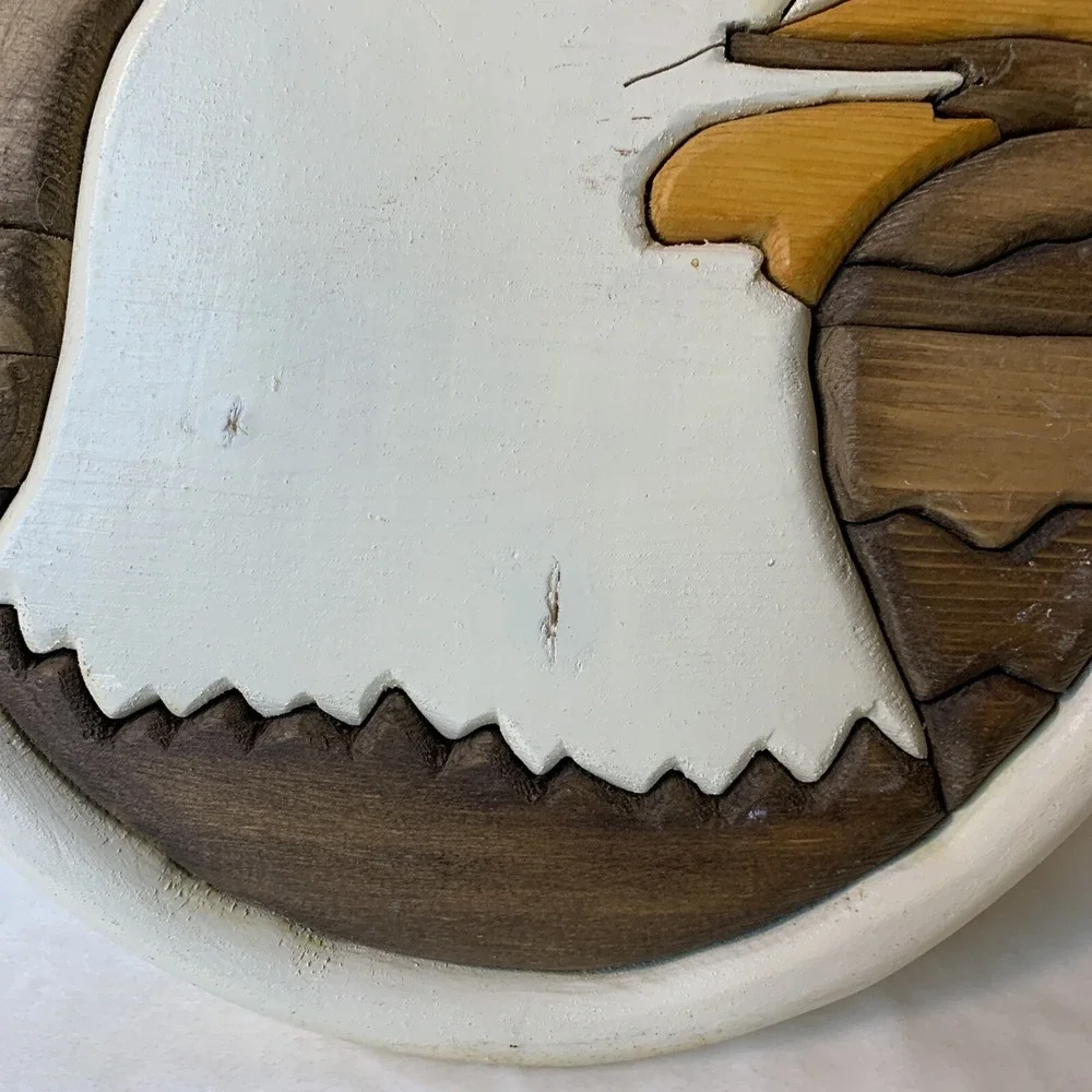 American Bald Eagle Wood Inlay Wall Decor MCM Art Piece Round‎  Handmade Stained
